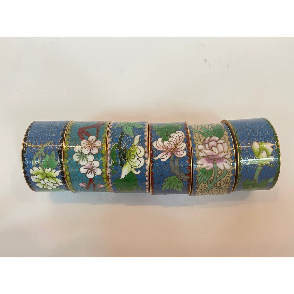 Vintage Cloisonne Napkin Rings Set 6 Blue Green Floral Enamel Brass Chinoiserie